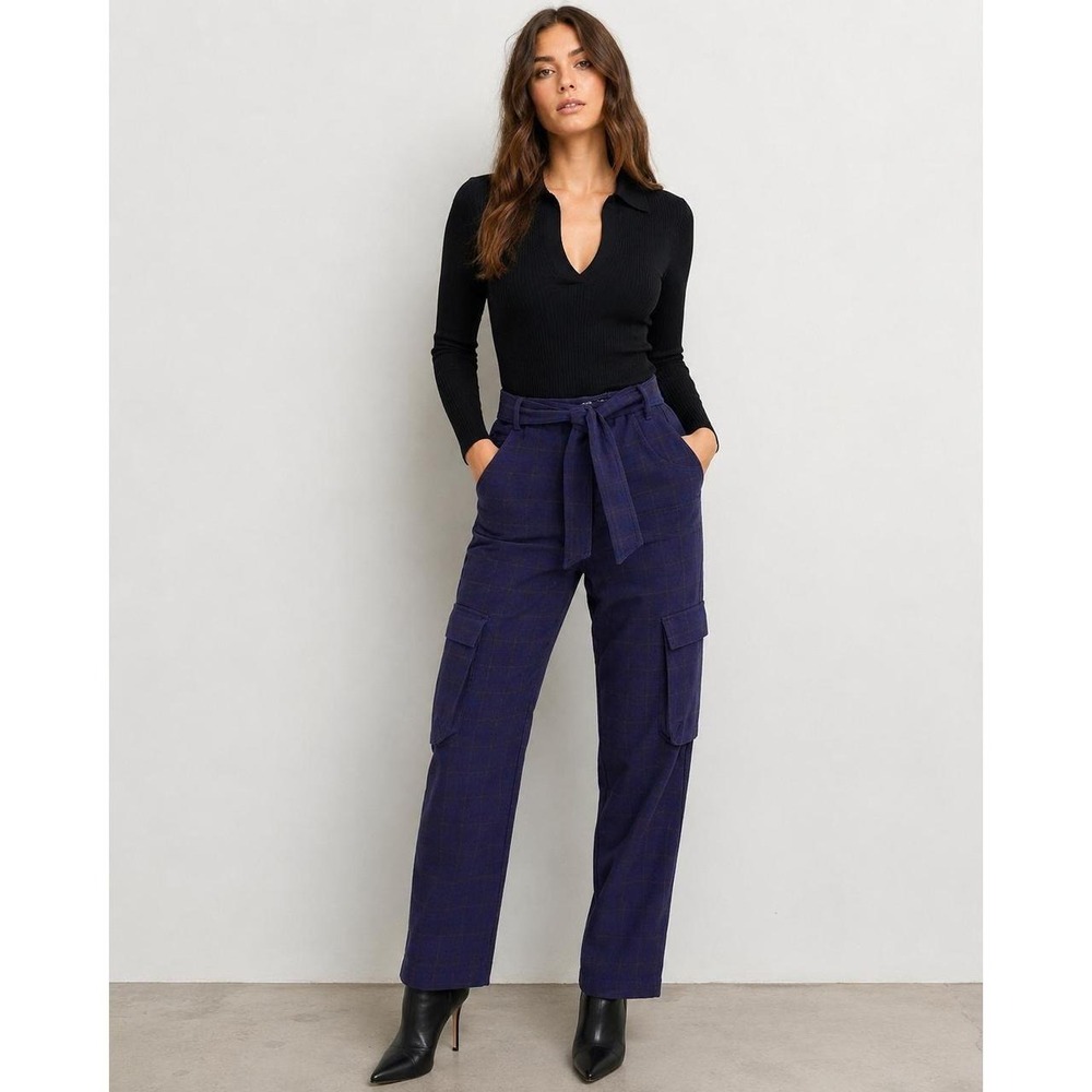 Zara Navy Blue Plaid Cargo Pants Tie Waist High Rise Straight Leg XS NEW